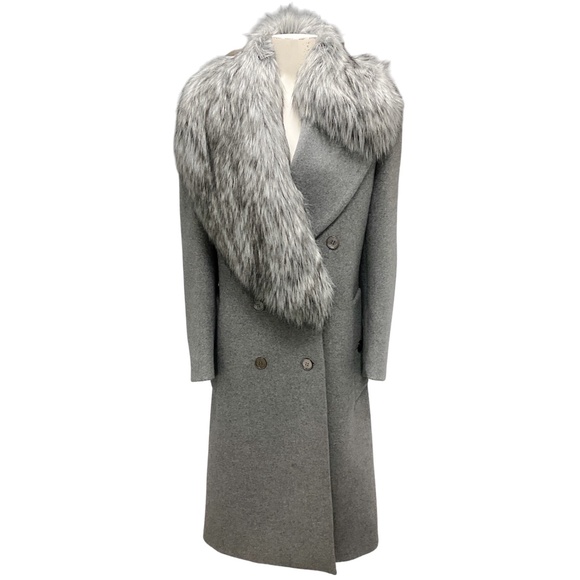 MICHAEL KORS COLLECTION GREY BANKER MELANGE WOOL MELTON AND FAUX FUR DOUBLE BREA - Picture 1 of 6